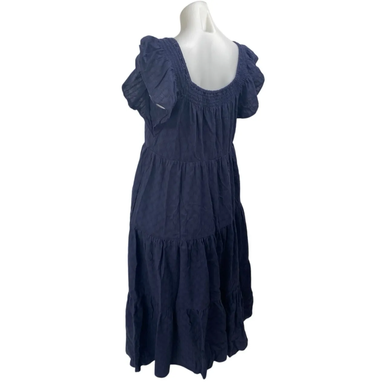 Madewell Navy Blue Ruffle Flutter Sleeve Smocked Tiered A Line Midi Dress Size S - Image 3