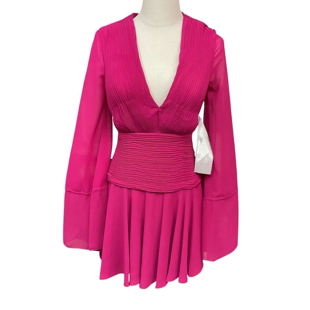 Mac Duggal Pleated Bell Sleeve Chiffon Hot Pink Cocktail Mini Dress Size 4 NWT - Image 2