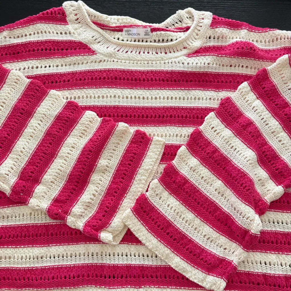 89th & Madison Stripe Pointelle Stitch Pullover Raspberry Sorbet Size Large NWT - Image 3