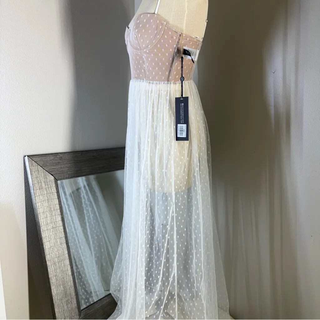 White Fox Boutique sheer Polka Dot maxi Dress in cream and White - Image 5