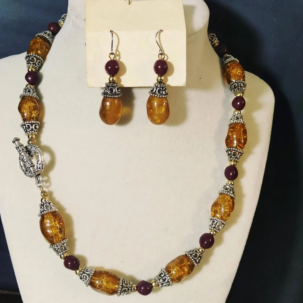 Amber Garnet Faux Colored Two Tone Bead Necklace Toggle Earrings Set 18 Inch - Image 12
