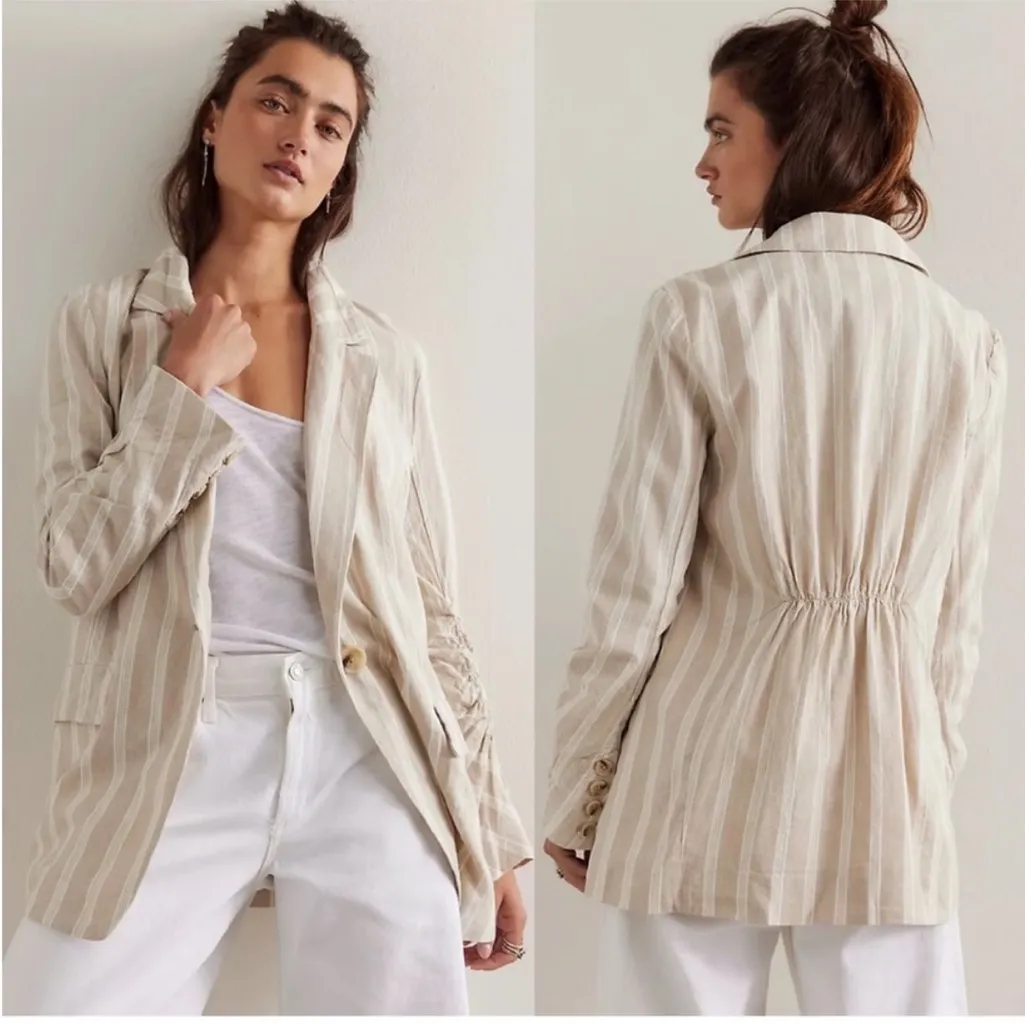 Free People Fern Oversized Linen Blazer Dusty Beige Tan Stripe Coastal Boho - Image 2