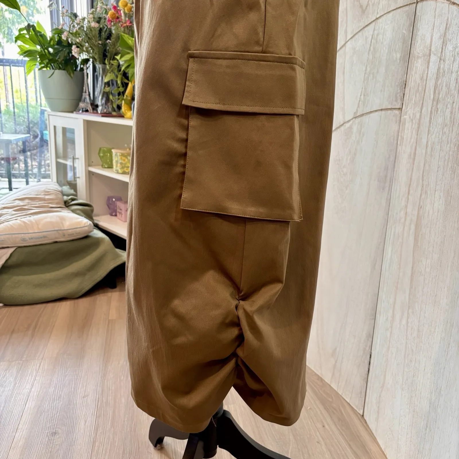 New FARORO Y2K Size Large Brown Cargo Balloon Skirt Elastic Waist Ruched Hem - Image 5