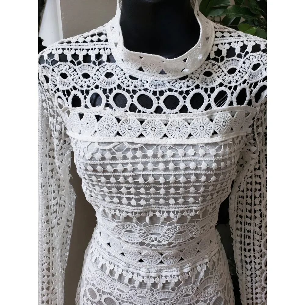 Bolaiya Sheath Dress Womens Small White Hollow Out Lace Long Sleeve Mock Neck - Image 13