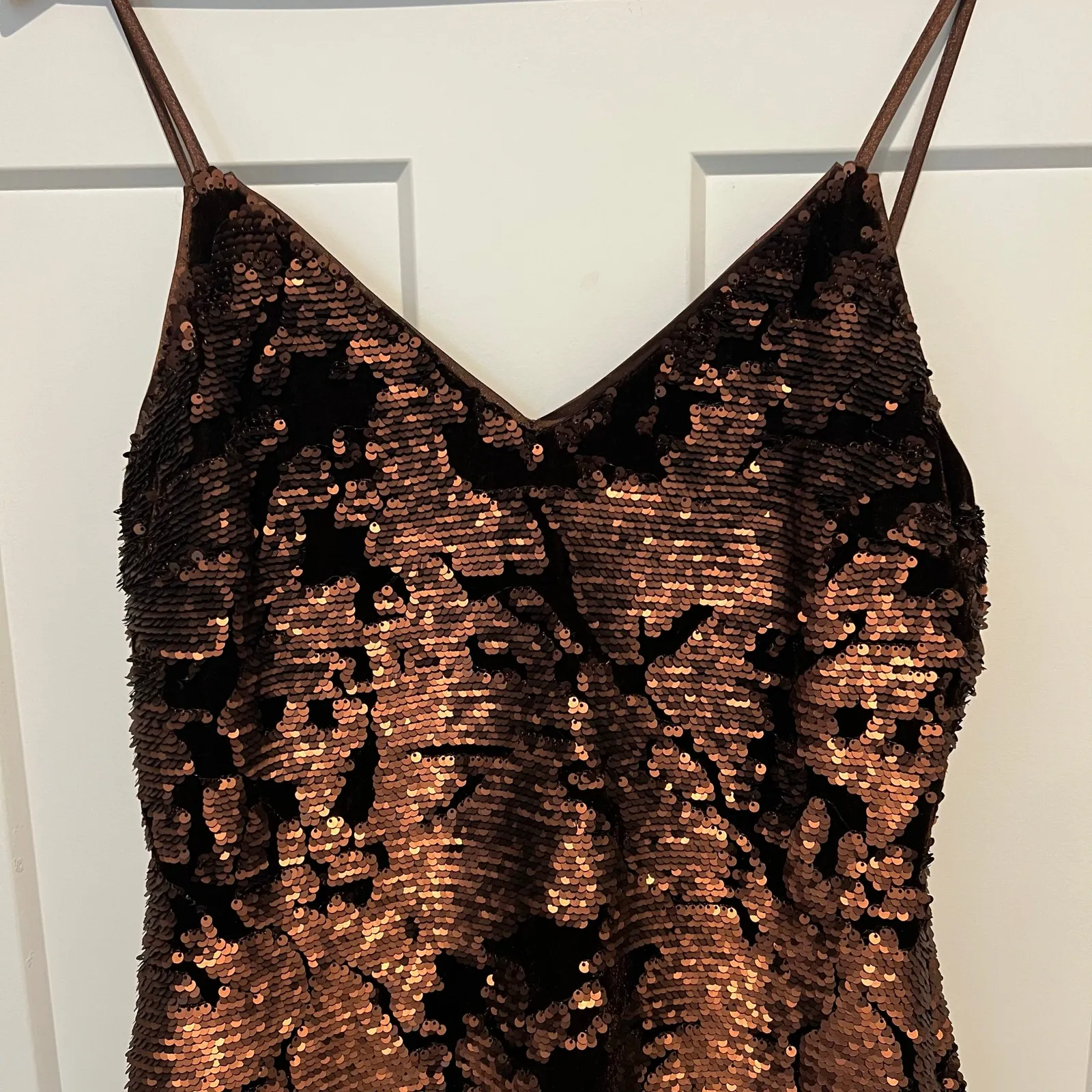 Blush Boutique Velvet Sequin  Strappy Sheath Cocktail Dress Brown Bronze Size L - Image 3