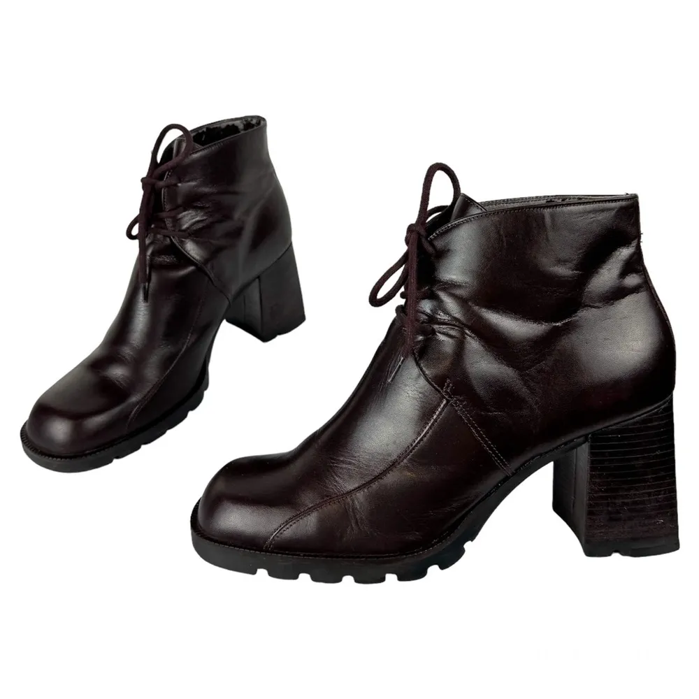 Vtg Y2K Chunky Heel Leather Square Toe Lace Up Ankle Boots Sz 7.5 Brown Wine - Image 4