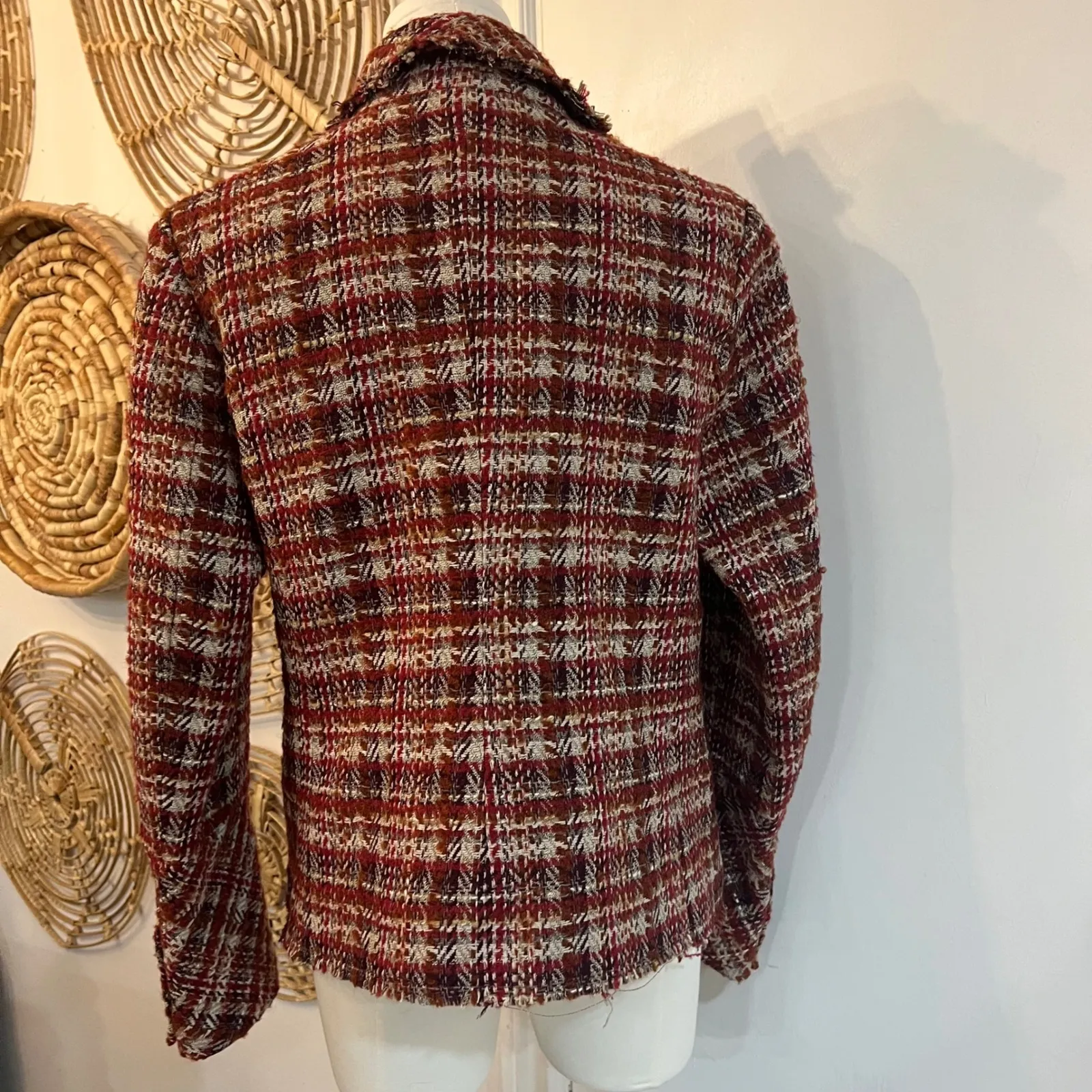 Vintage LaVia18 Made in Italy Wool Tweed Plaid Blazer Jacket Red Brown US 10 M - Image 9