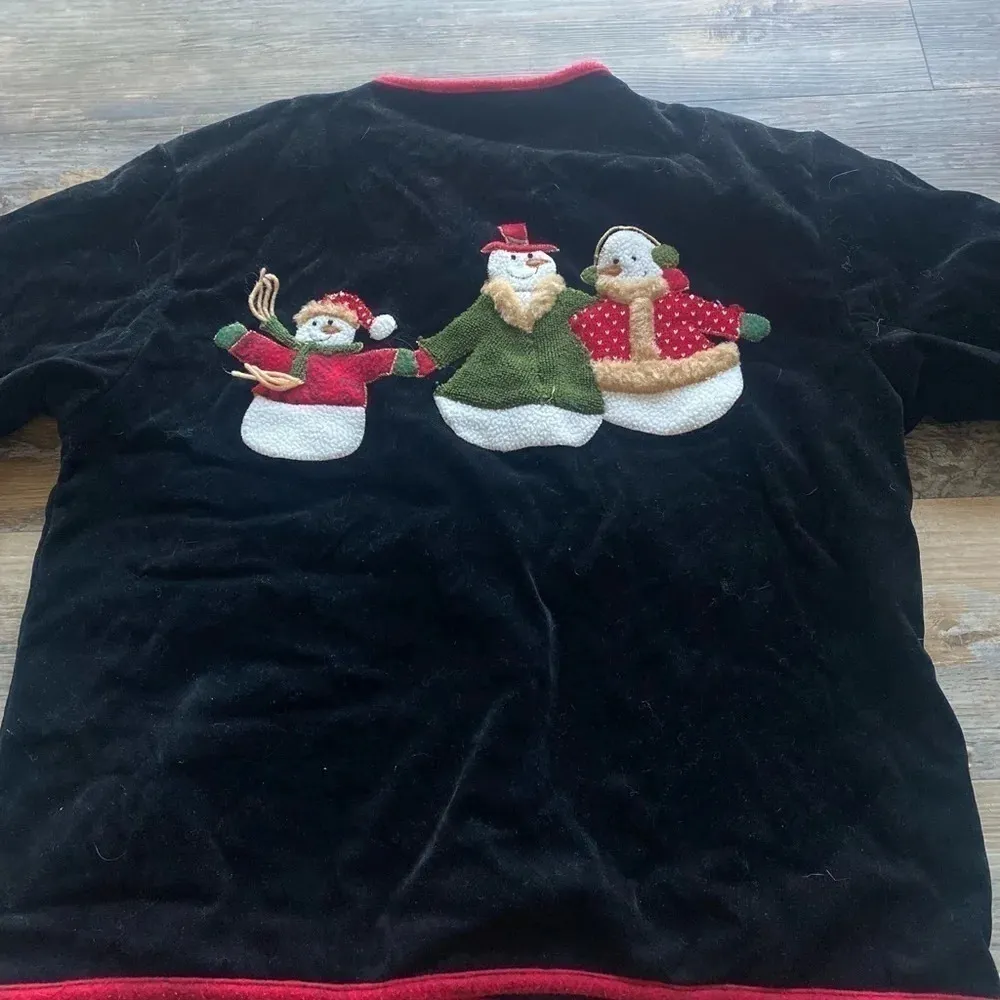 Vintage Holiday Christmas Sweater Women’s One Size Snowmen Jacket Velvet Red - Image 7