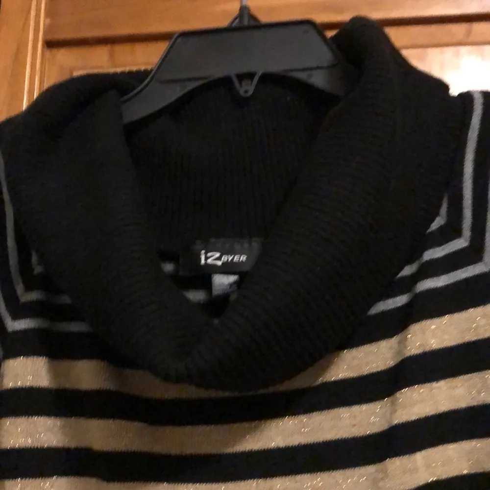 IZ Byer Sweater Black Tan Grey Stripe Cowl Neck - Image 2