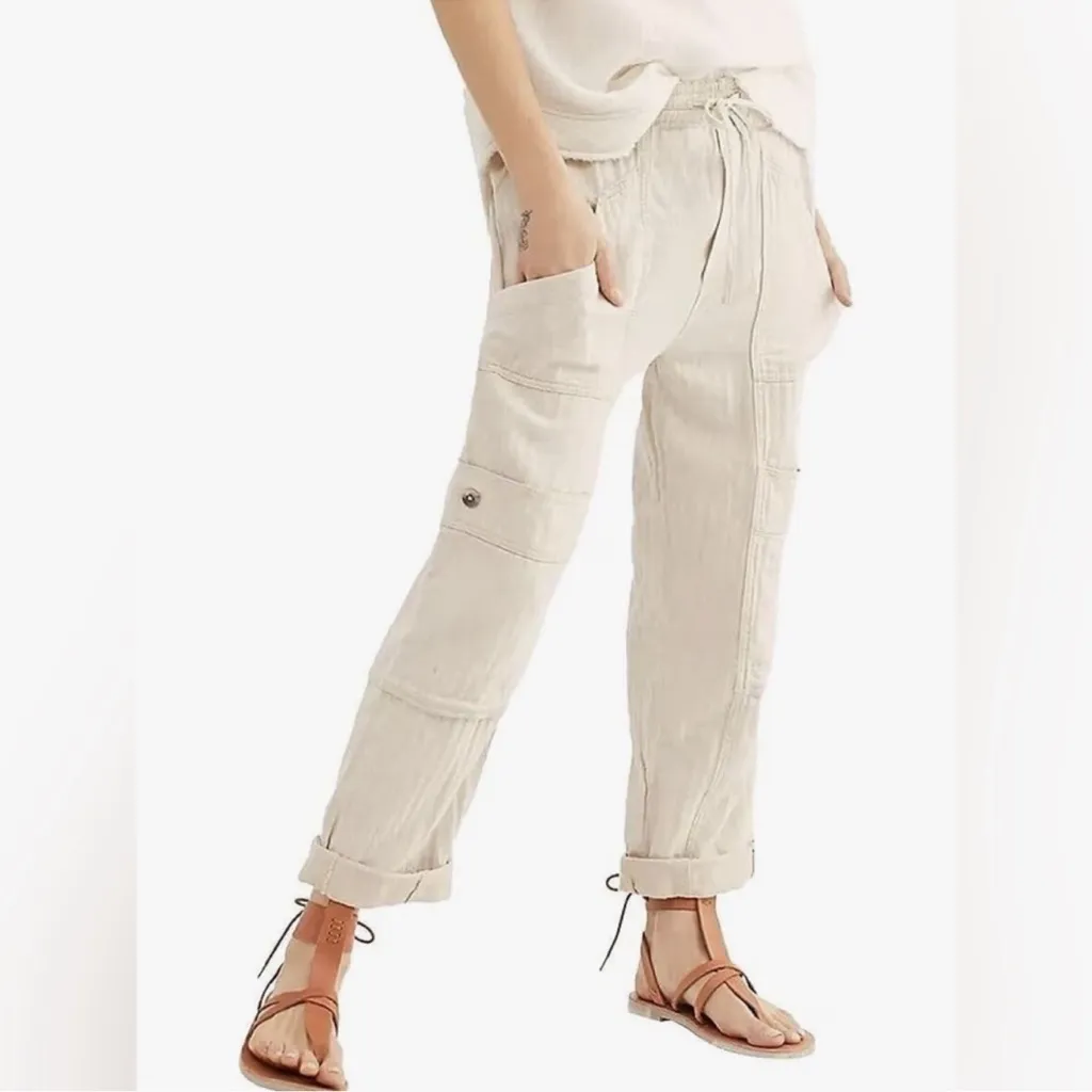 Free People Feelin Good Linen Utility Pant Pull On Womens Medium Tan - Image 2