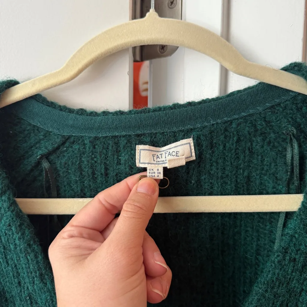 FatFace  Green V Neck Cardigan Button Long Sleeve Sweater - Image 2