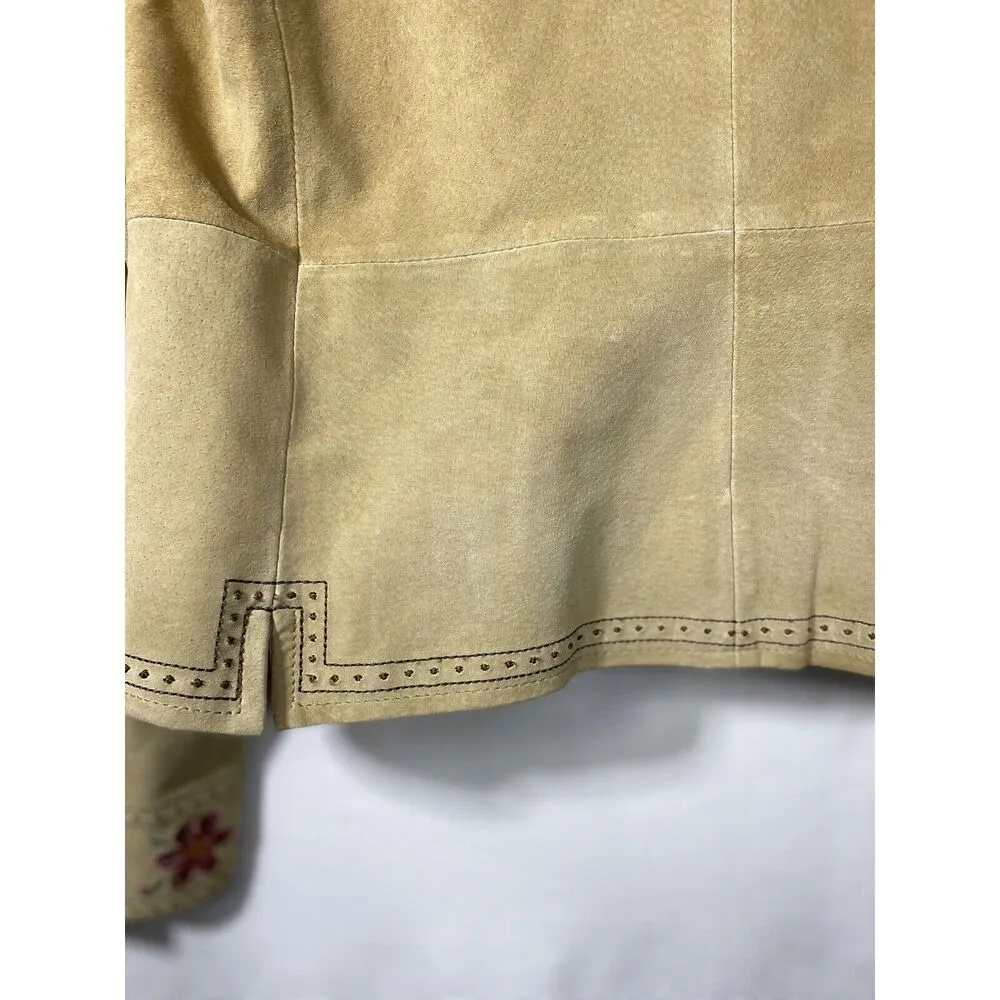 Margaret Godfrey Women Sz 8 Boho Western Floral Embroidered Suede Leather Jacket Tan - Image 7