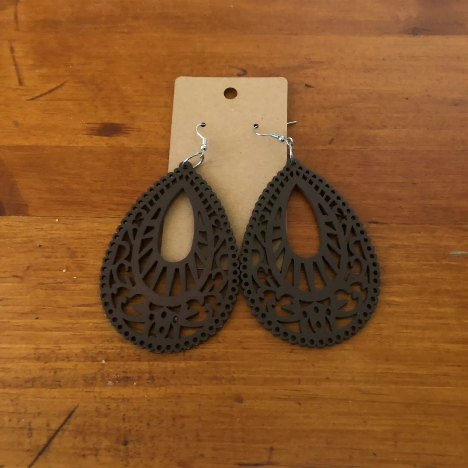 Neutral Bohemian Lightweight Wooden Laser Cut Tear Drop French Wire Earrings Brown - Image 3
