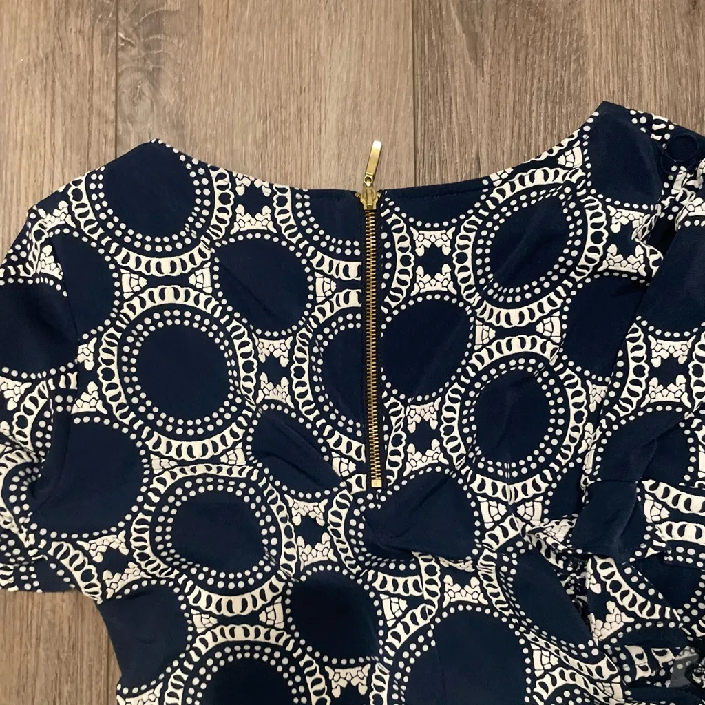 Blue and White Dress by Ronni Nicole Business Ruffle sleeves petite medium PM - Image 4