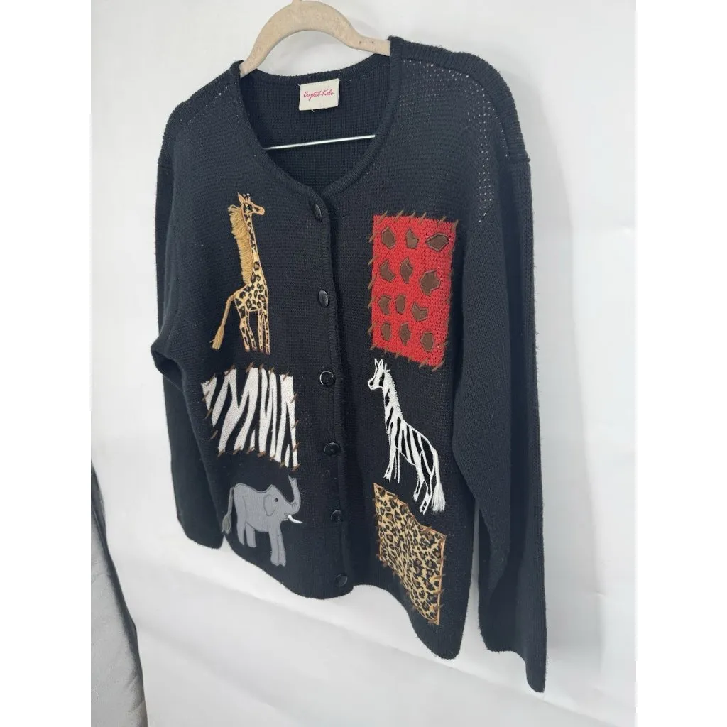 Crystal Kobe African Safari Patchwork Button Sweater Women XL Black Stitch Zebra - Image 8