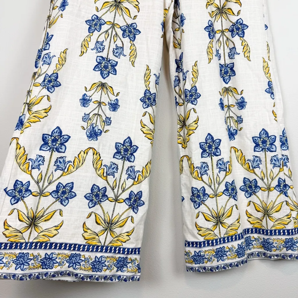 Draper James Linen Blend Wide Leg Printed Pants Blue Yellow Floral Size Medium - Image 5