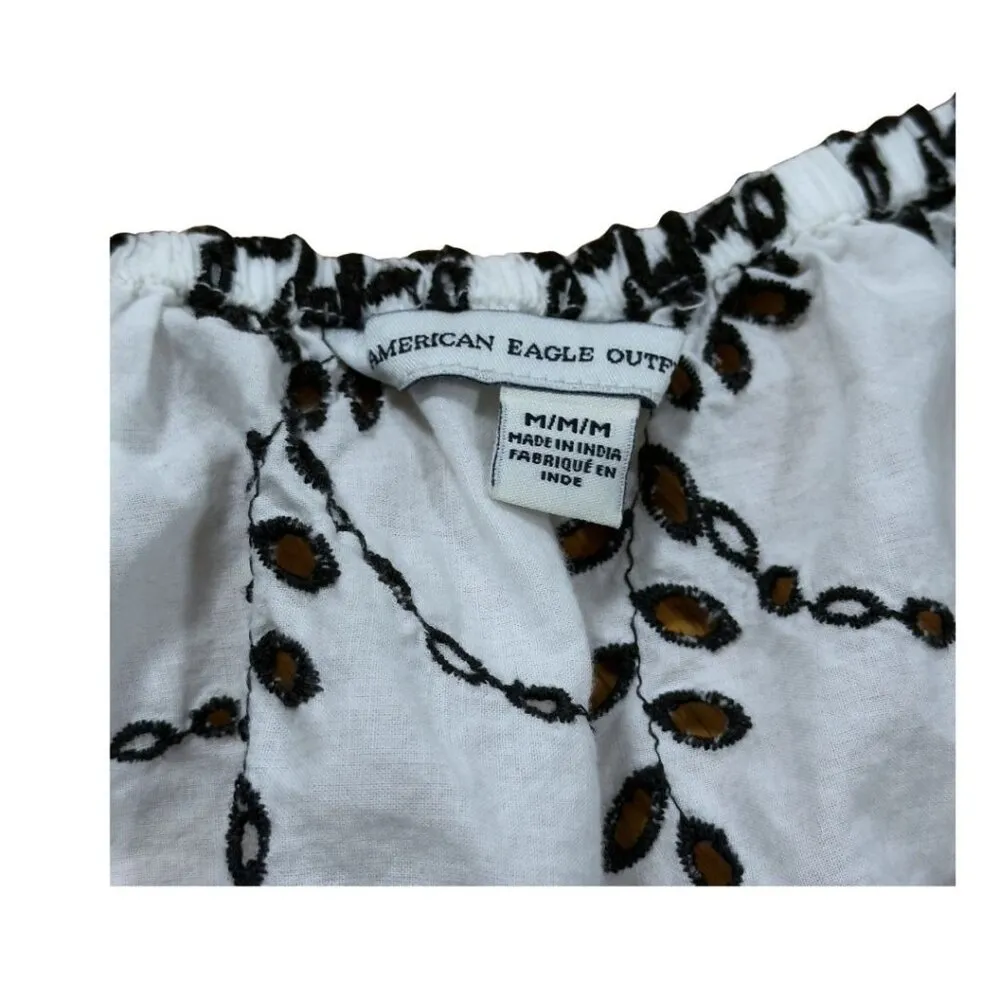 American Eagle White Crop Top Black Embroidered Flowers Cotton Medium Cottage - Image 5