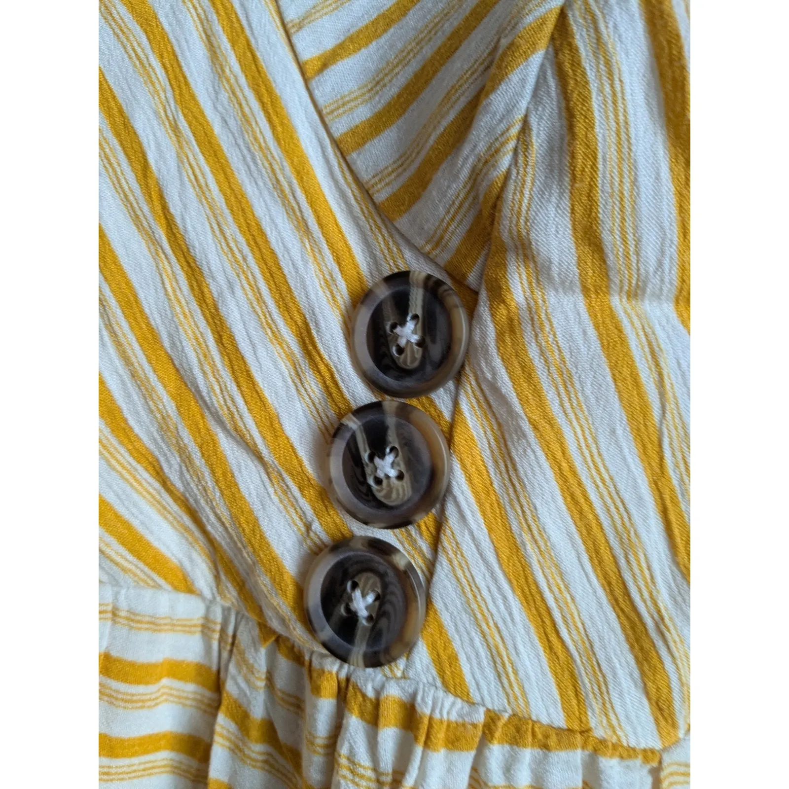 Altar'd State By Anthro Mini Dress V-Neckline Button White Yellow Stripes Sz S - Image 4