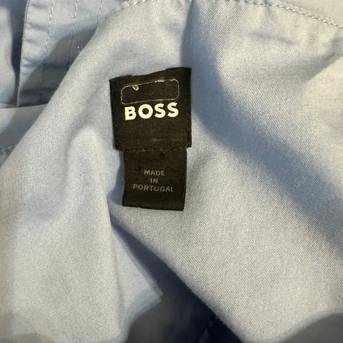 Boss Midi Dress Blue Stretch Twill Wide Crossover Straps Ruffle Skirt Size 10 - Image 5