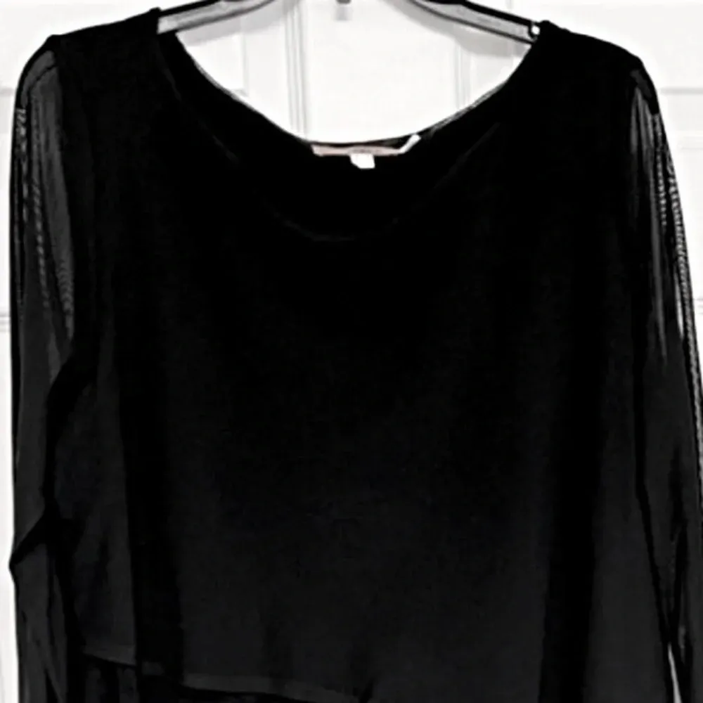 ONE A Black Tiered Blouse with Sheer Long Sleeves Stretch Size Large Layered - Image 7