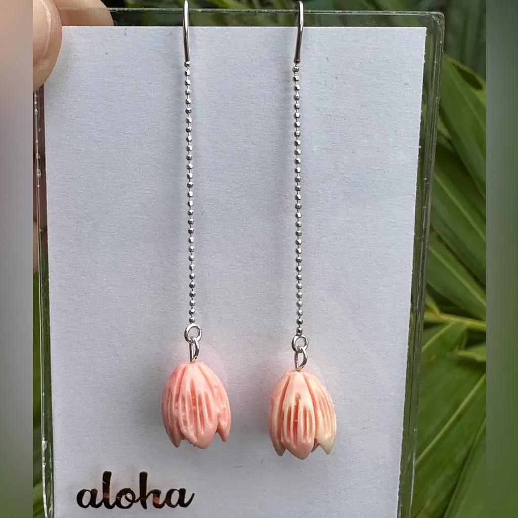 Pink Pikake Flower Drop Sterling Silver Threader Chain Dangle Earrings - Image 2