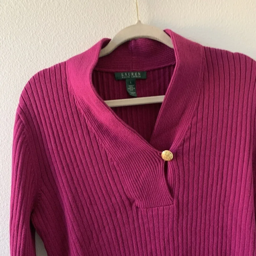 Lauren Ralph Lauren Womens Size Large Pink Ribbed Long Sleeve Blouse - Image 2
