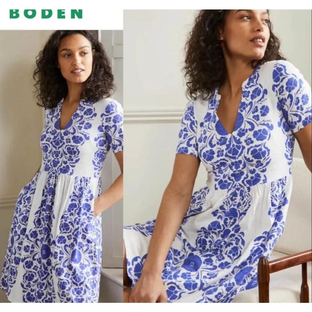 Boden white and blue printed jersey dress size 4 - Image 12