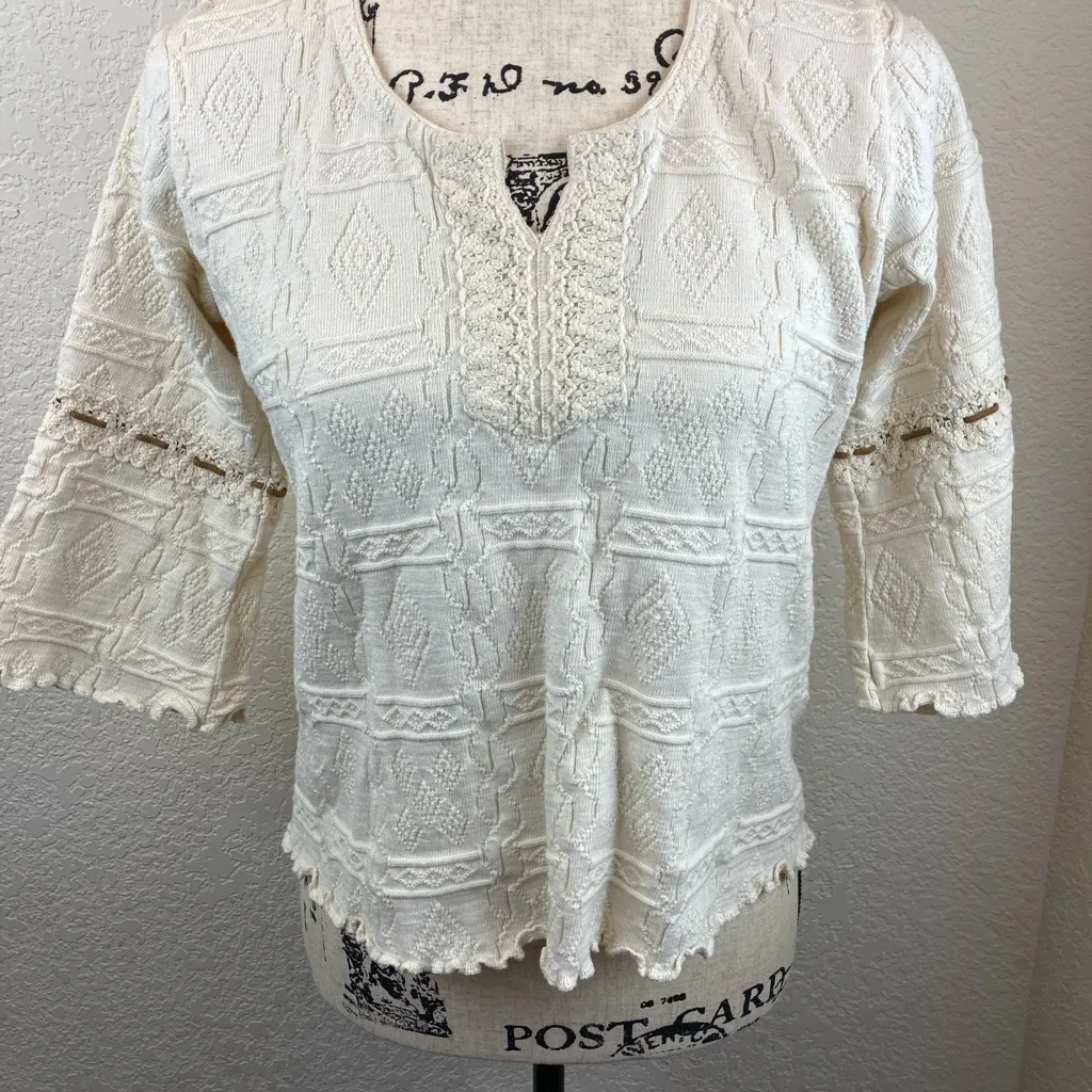 Micaela Ivory Patterned Boho V Neck 3/4 Sleeve Sweater A92 Size L - Image 5