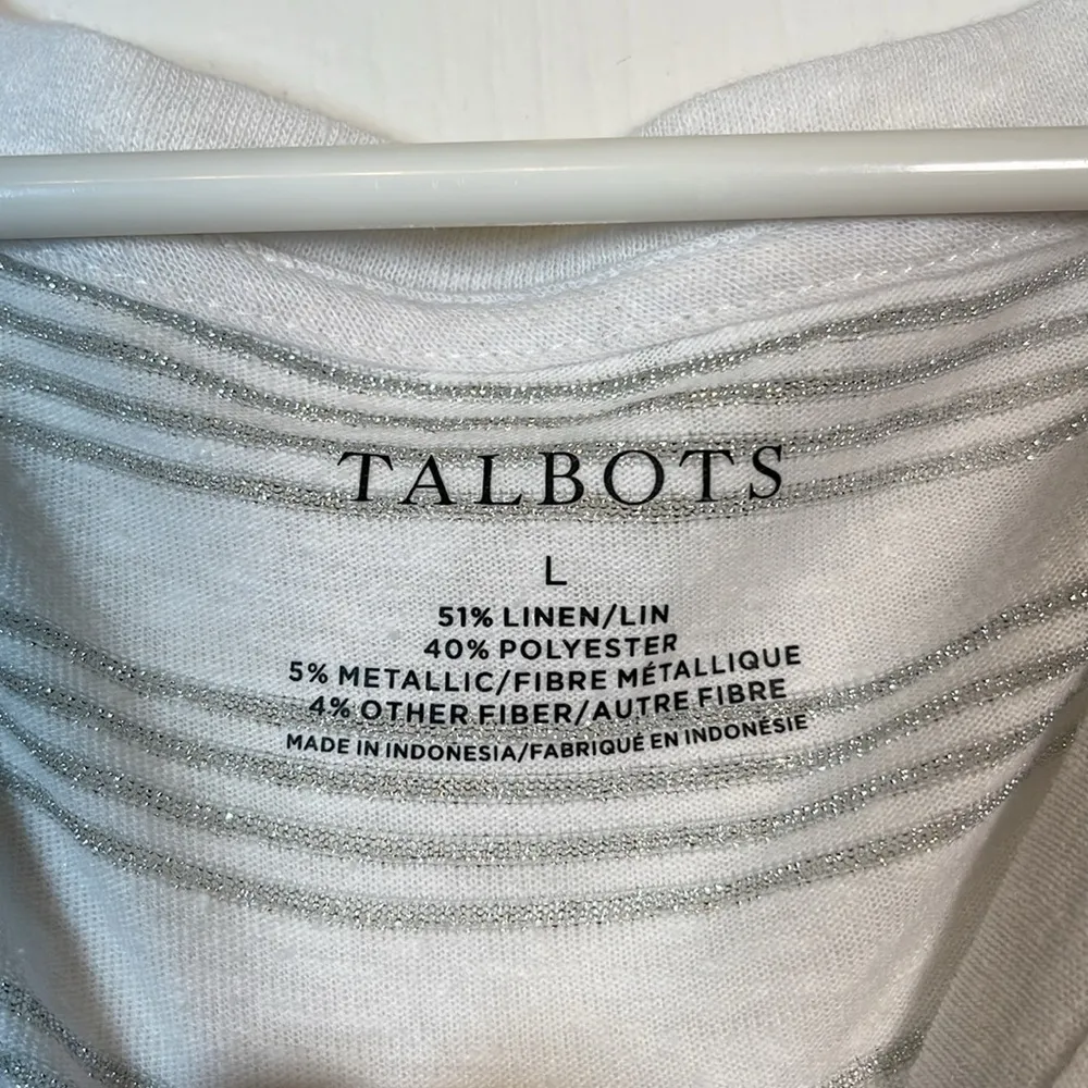 Talbots Linen Blend White Silver Cuff Sleeve Round Neck Shirt Large EUC #0928-AZ - Image 5