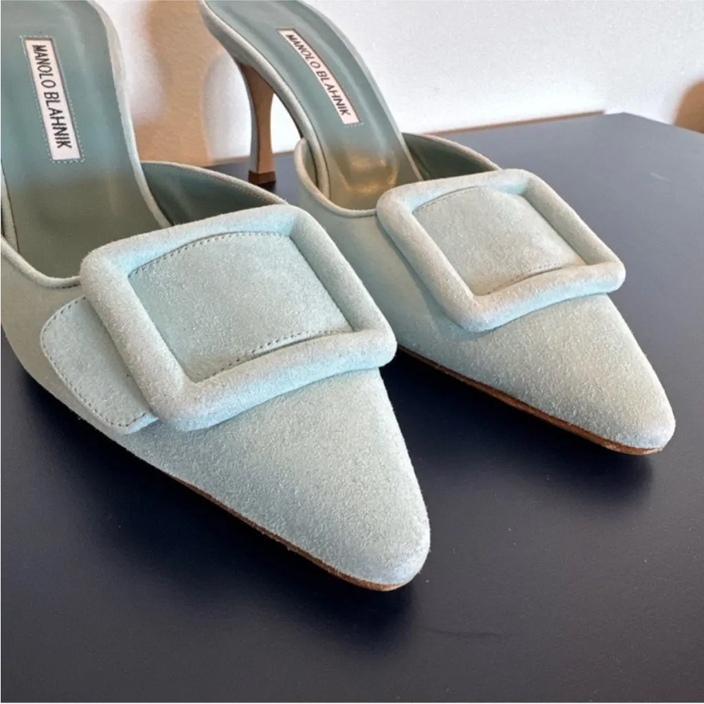 Manolo Blahnik Maysale Mule Buckle Light Blue Suede - Image 3