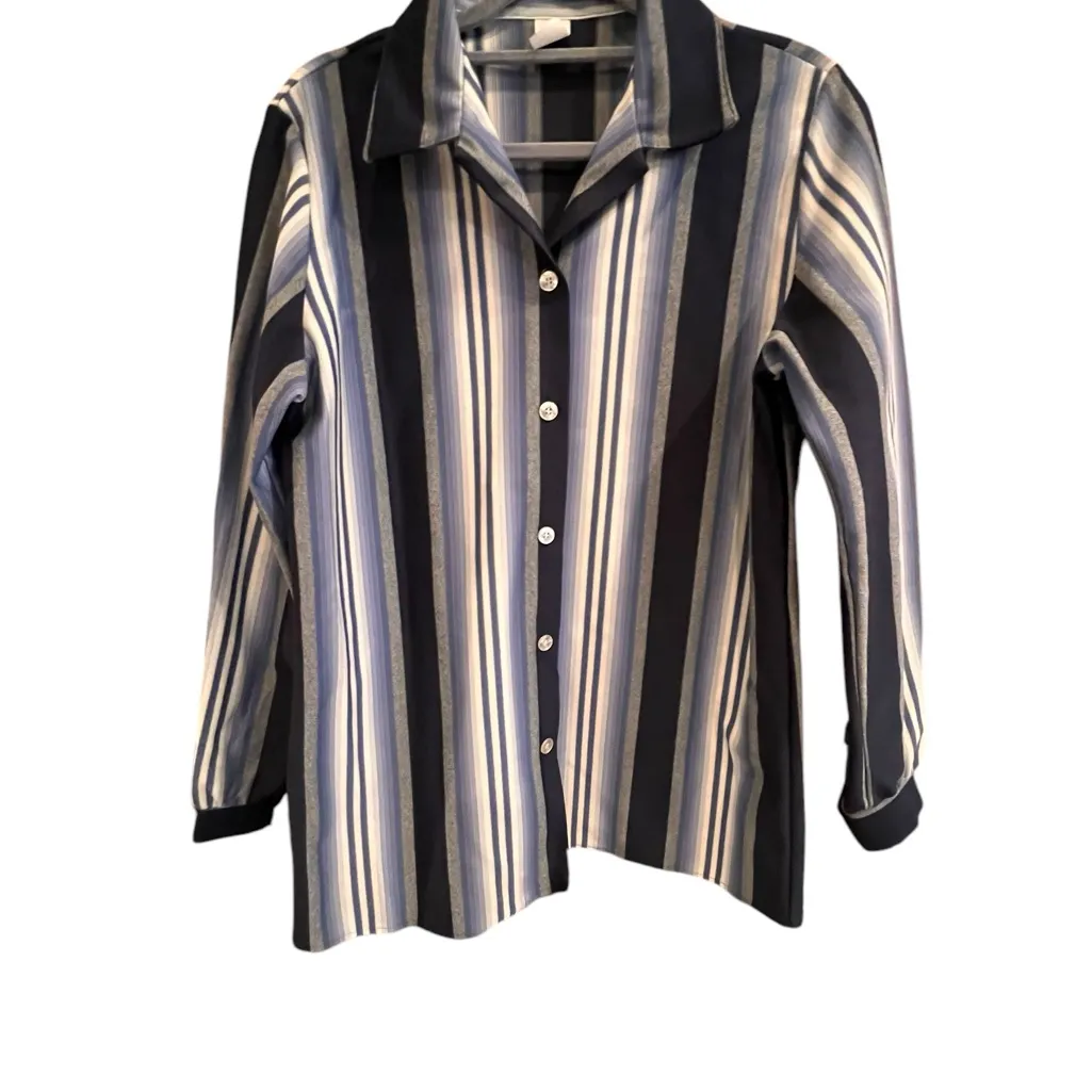 Vintage 1970s Women's Top Blue Striped Button Up Shirt Long Sleeve Made In USA - Image 3