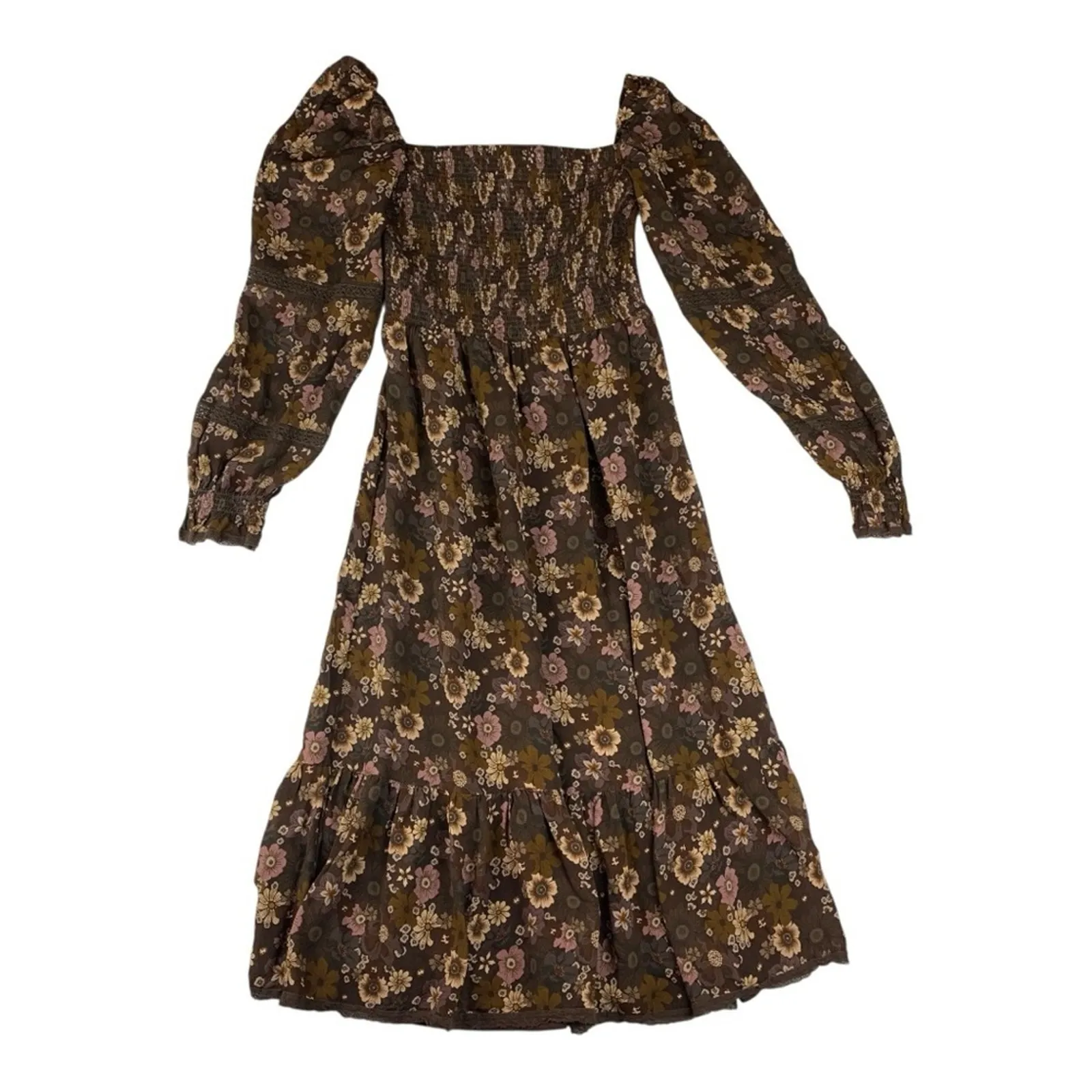 Wilfred size small grace midi sun dress brown white floral square neck boho - Image 4