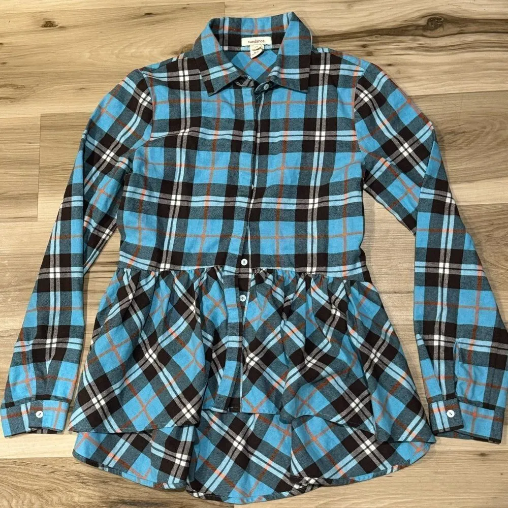 Sundance Hayden Creek Teal Plaid Flannel Peplum Top Blue Black Women’s XS - Image 2