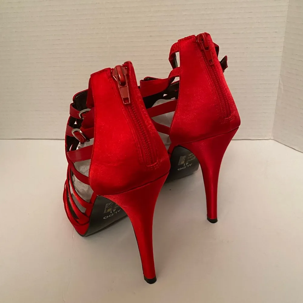 Aldo Red Satin Strappy Jeweled Heels Size 41 (10) New In Box - Image 6