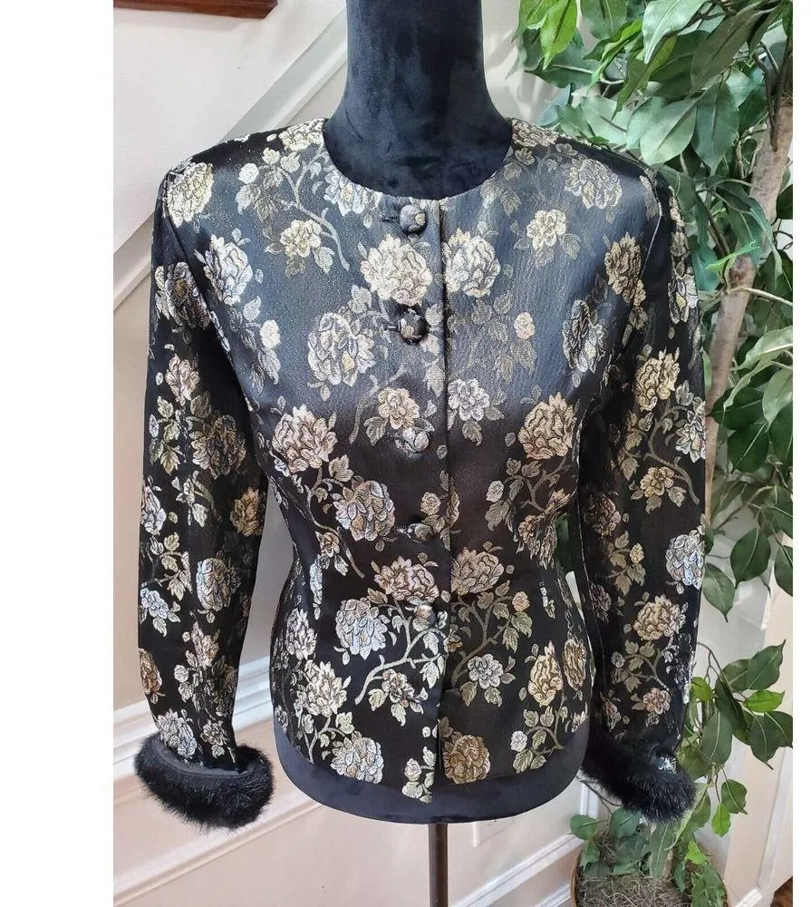 Crimson by Lawrence Kurtz Black Floral Long Sleeve Buttons Front Jacket Blazer 6 - Image 2