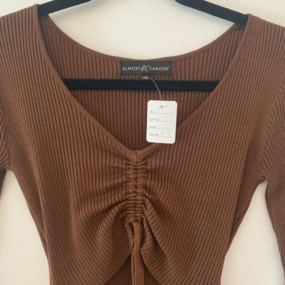 Almost Famous Brown Cutout Tie V Neck Dress Cinched Women's Sz Small - Image 4