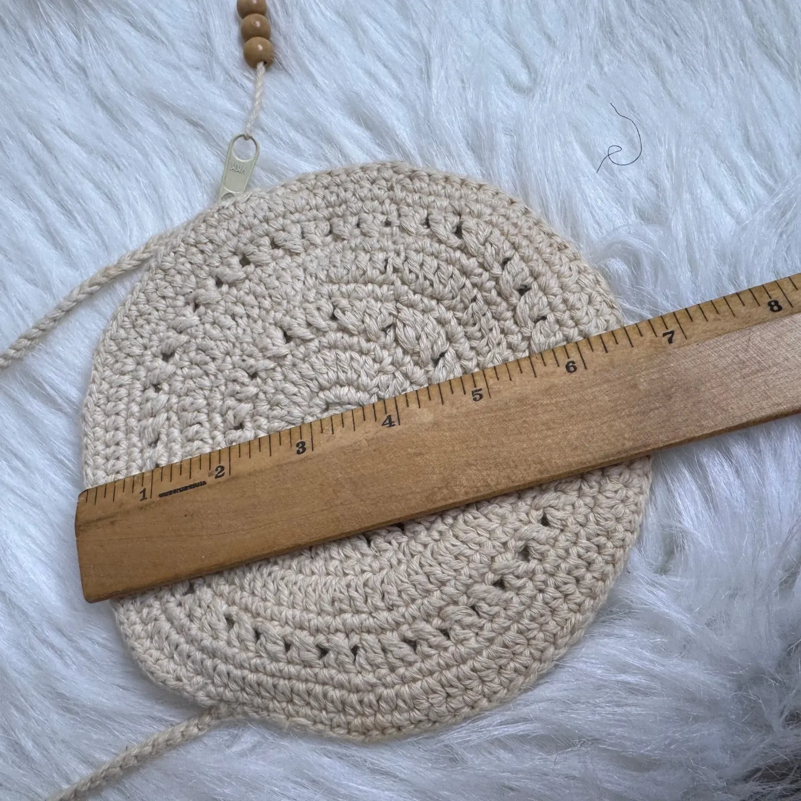 Crochet Round Crossbody Bag Beige Beaded Strap Zipper Closure Made in China Brown - Image 9