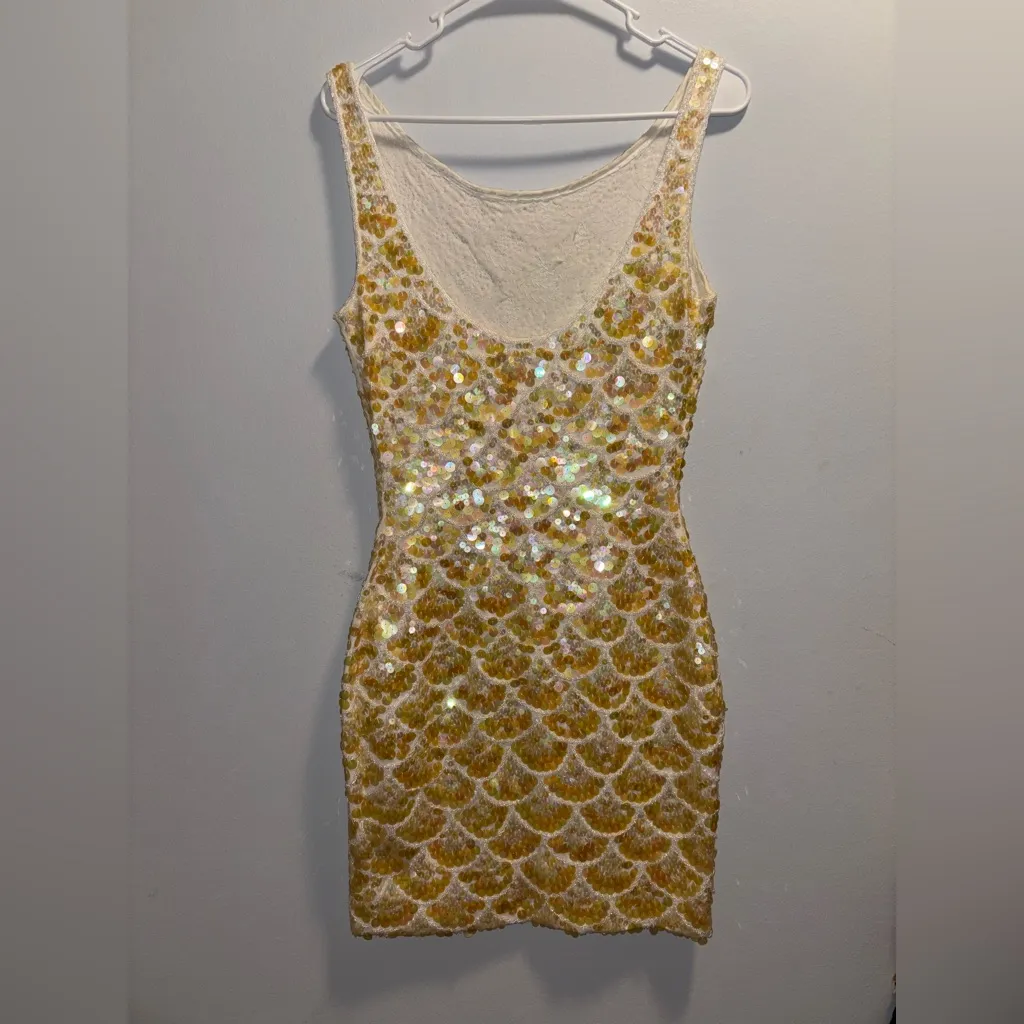 Iridescent Vintage Hand Sequined Beaded Embellished Stretch Dress New Years Eve Gold Size XS - Image 4