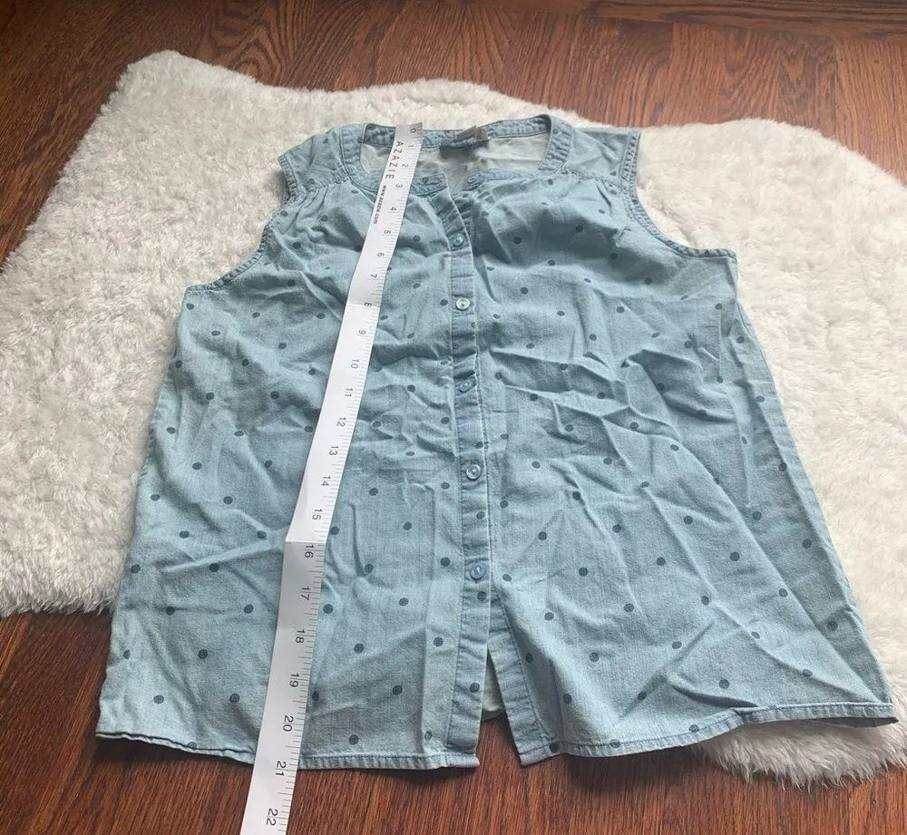 LOFT Denim Blue Polka Dot Sleeveless Button Up Top - Image 4