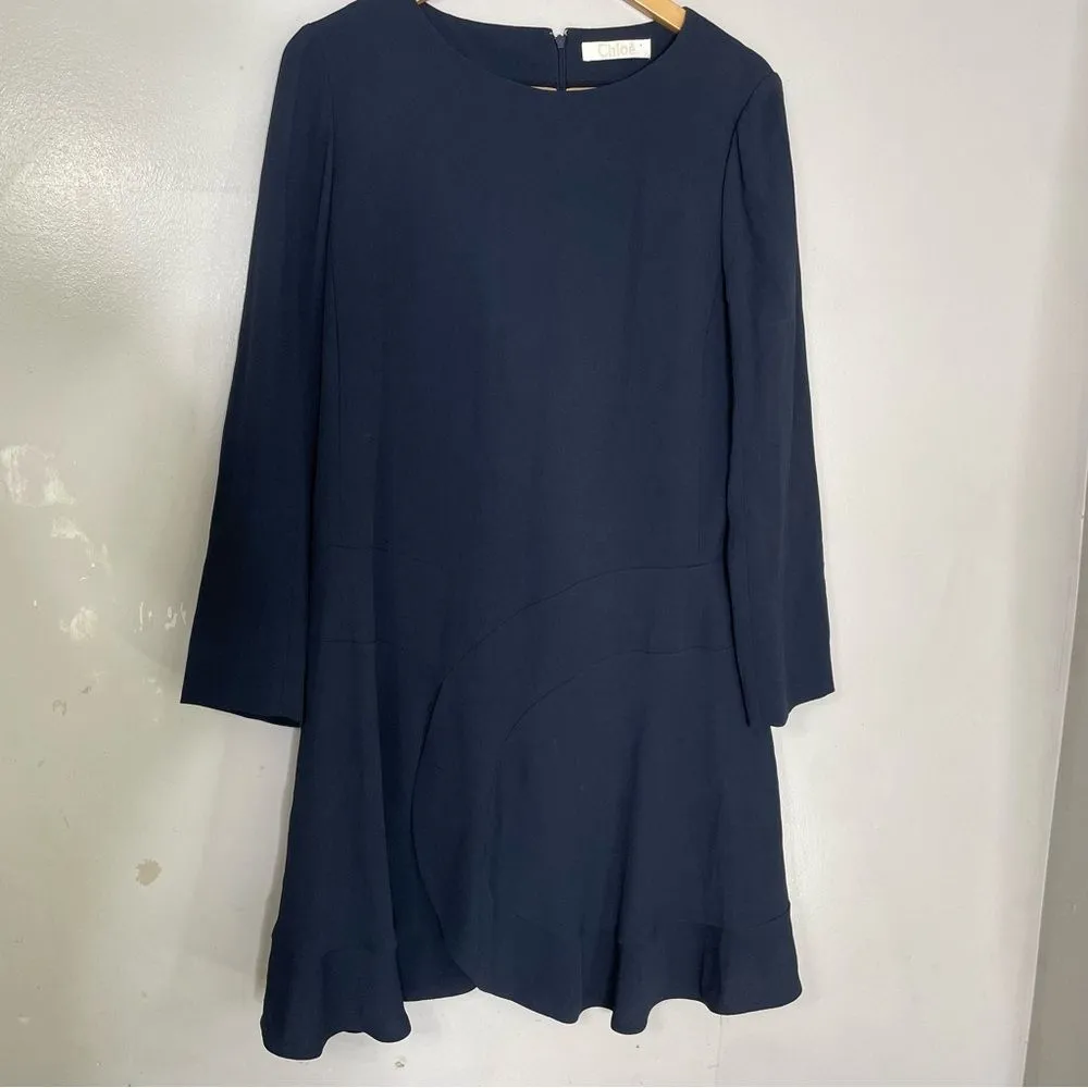 Chloe Womens Navy Blue‎ Long Sleeve A-Line Ruffle Hem Dress Size 44 - Image 3