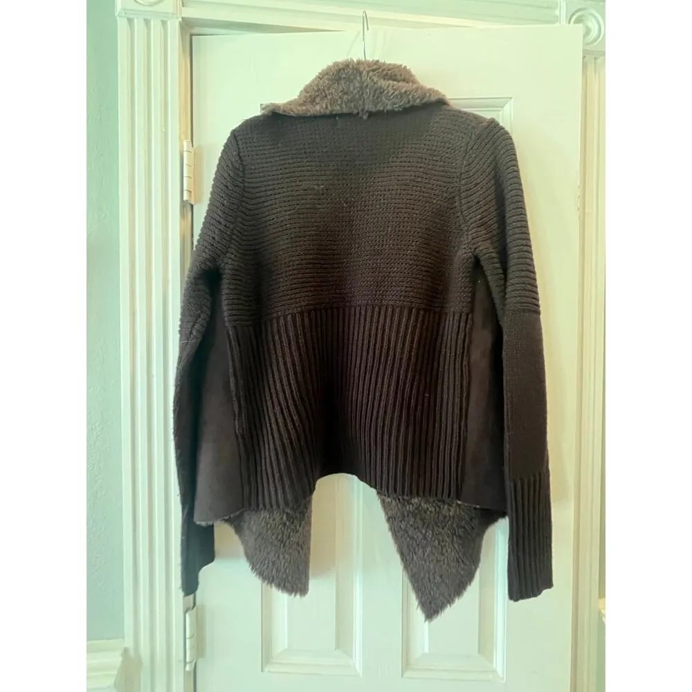 Neiman Marcus Open Front Knit Cardigan Sweater Women M Faux Fur Hobbit Neutral - Image 3