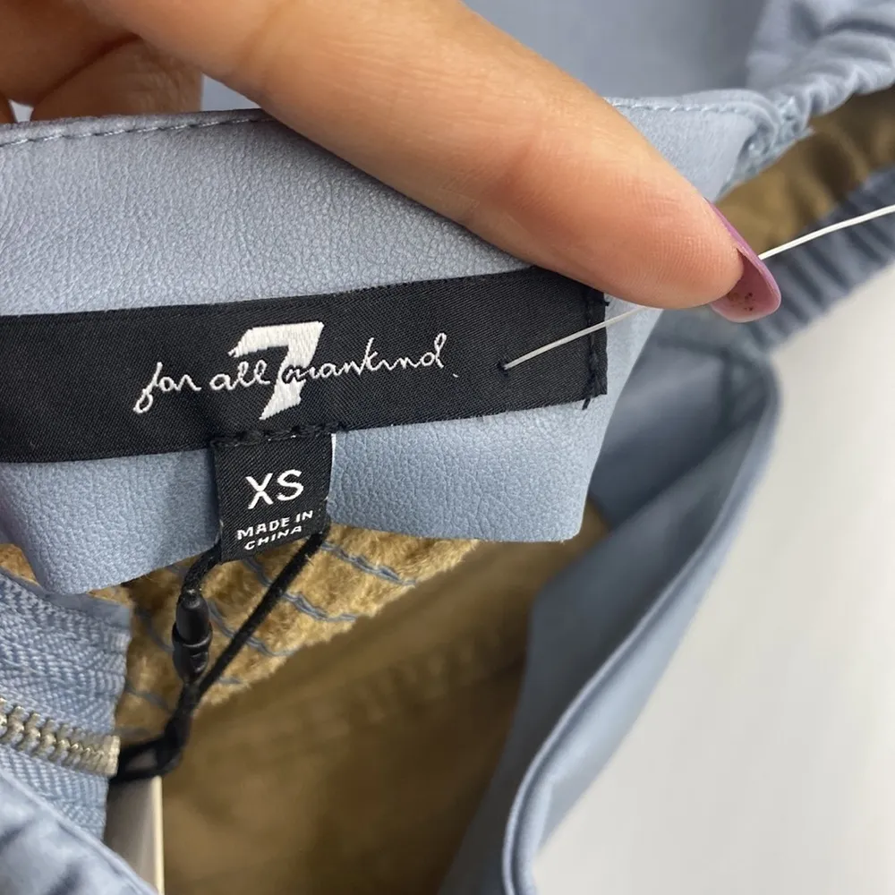 7 For All Mankind faux leather puff sleeve square neck ruched zipper back blue - Image 7