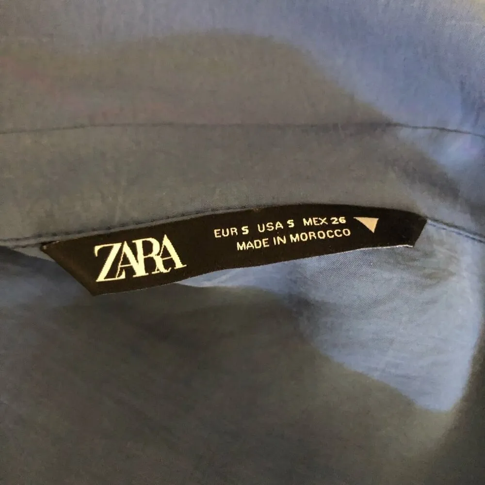 Zara Cropped Blouse Long Sleeve Button Front Blue Small - Image 11