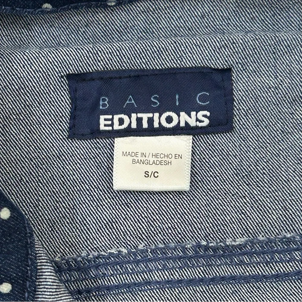 Basic Editions Navy Blue & White Polka Dot Denim Jean Button Up Jacket Women’s S - Image 5