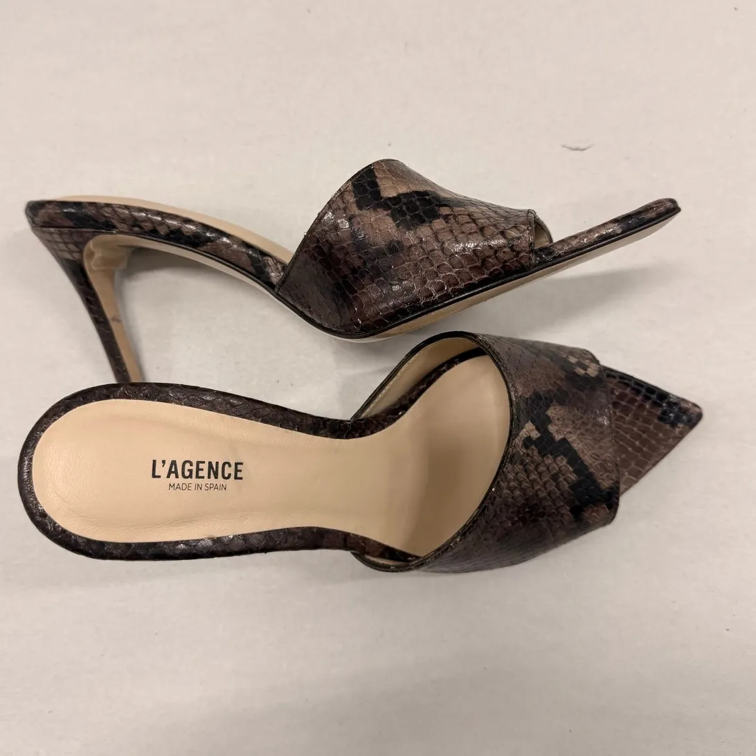L'Agence Lolita 85mm‎ Snake Embossed Leather Sandals Heels in Chocolate EU 38 - Image 5
