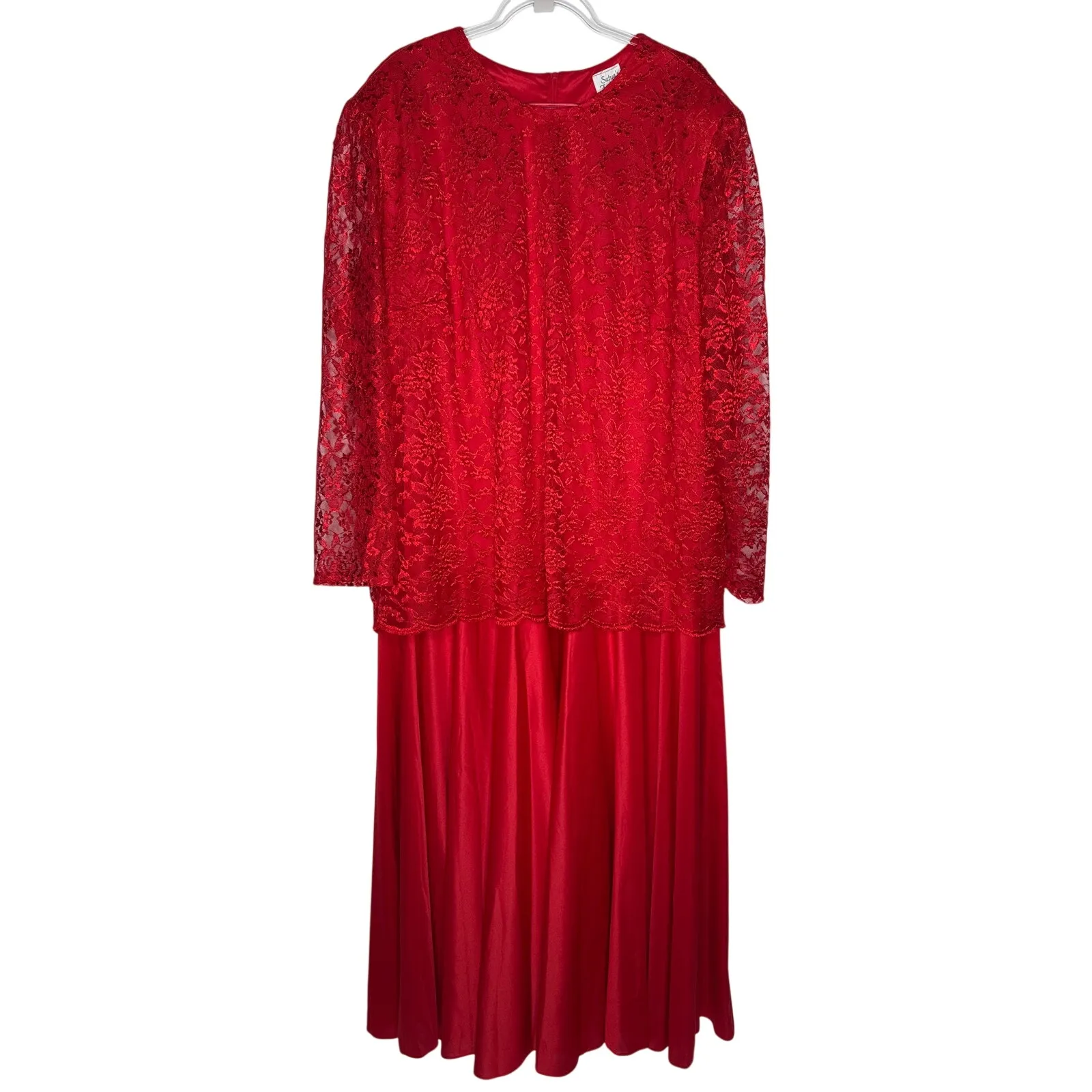 1970s Red Lace Long sheer Sleeve Maxi Dress Satya’s Fashion Hoilday formal 4X - Image 2