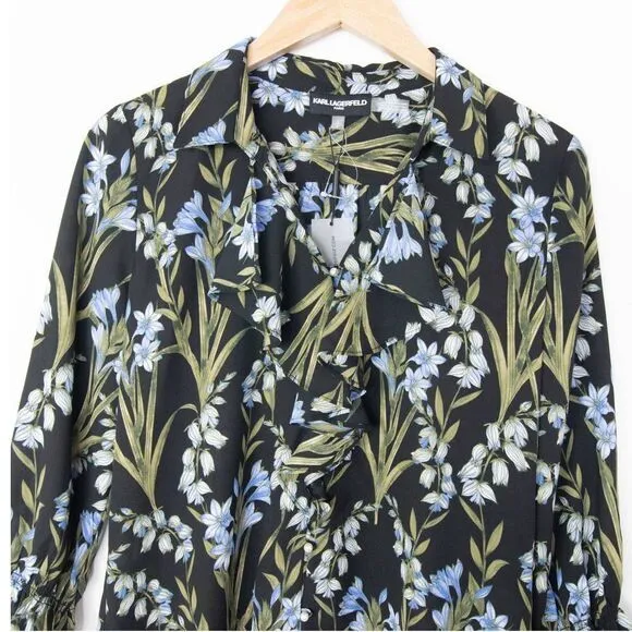 NEW Karl Lagerfeld Paris button-front floral print‎ shirt, S, black+ - Image 4