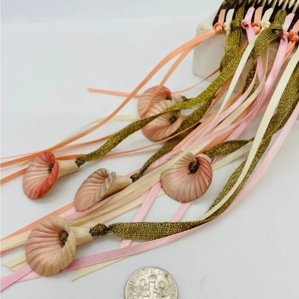 Vintage 80s Lurex Metallic Floral Ribbons Hair Comb Pink - Image 3