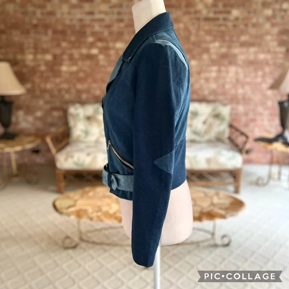 Veda Atmosphere Denim Jacket Moto 3 Tone Trio Blue S Cropped Belted Chic Edgy - Image 9
