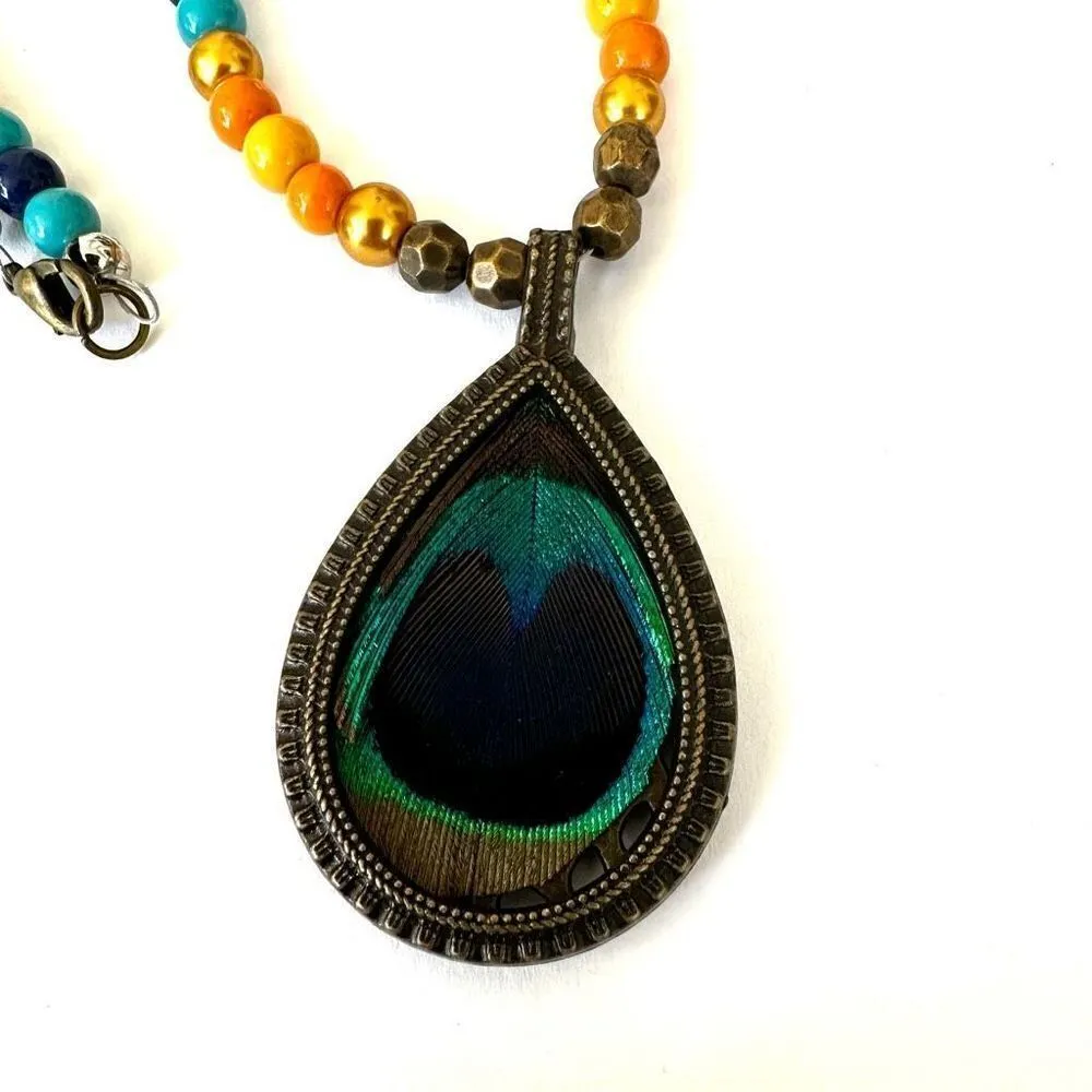 Peacock pendant beaded necklace Orange - Image 5